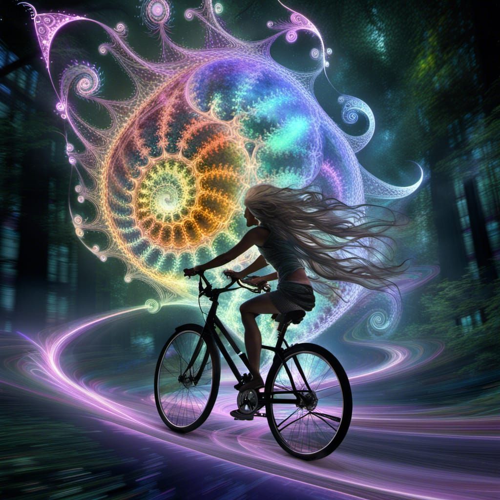 Fractal Nymph Rides E-Bike in Luminous Cube Nebula