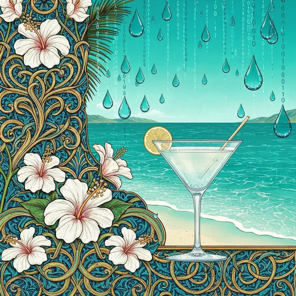 HD Photoreal Tropical Beach Scene with Glitches and Martini