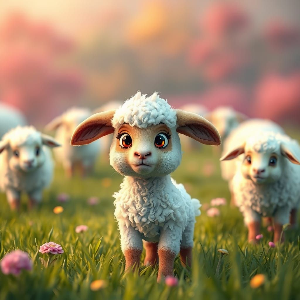 A whimsical green field stands a little nervous lamb  with a...