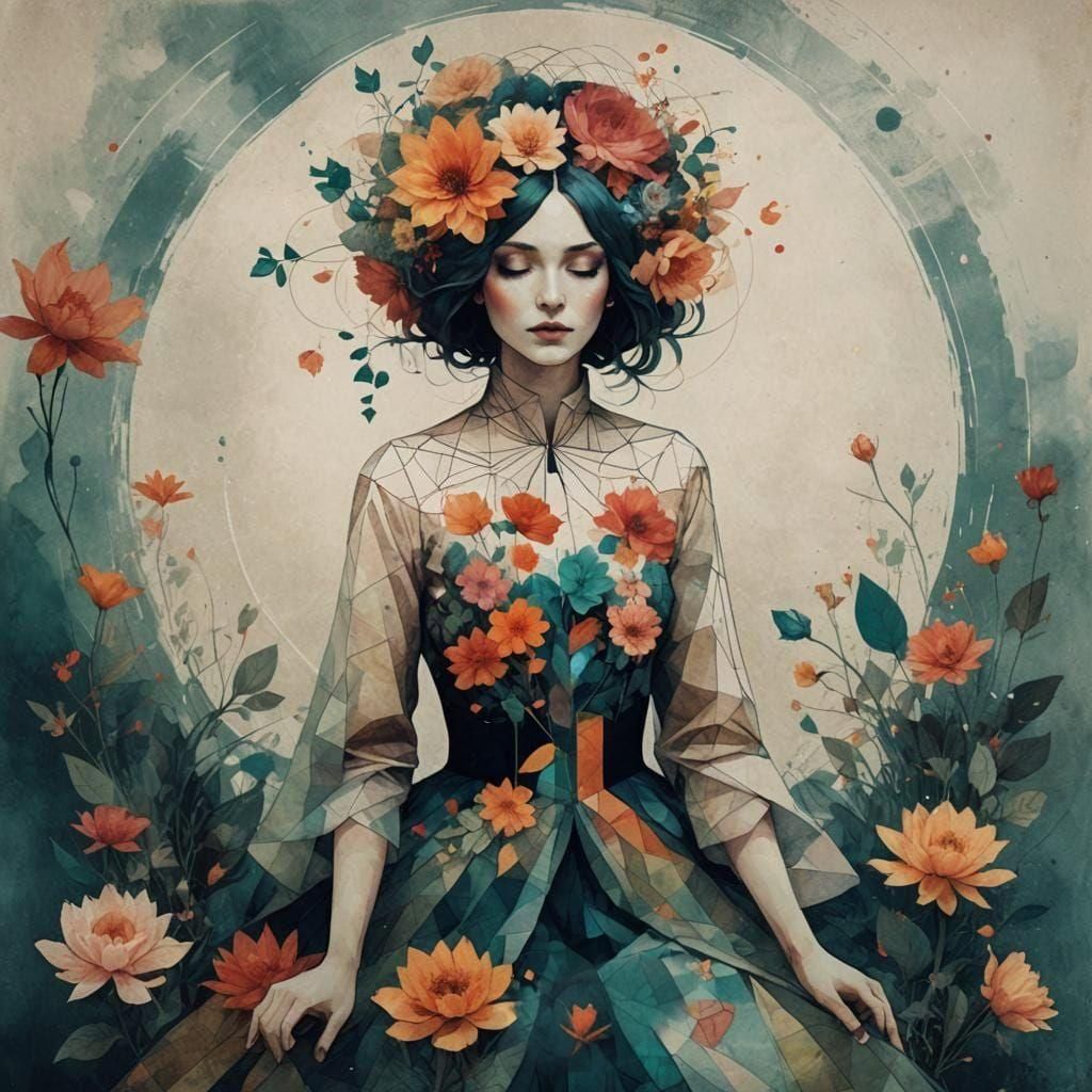 Vibrant Floral Fairy in Geometric Neurographic Art