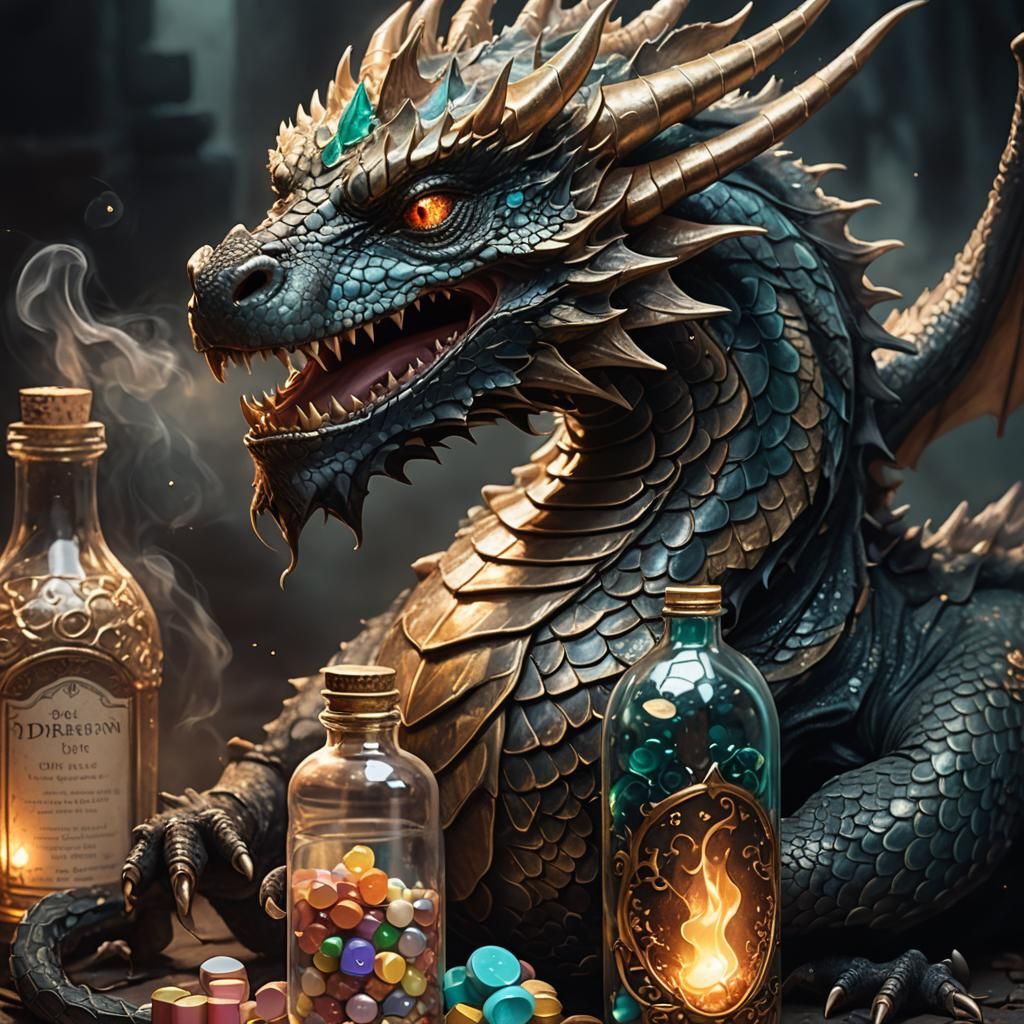 Dragon and Bottle in Dark Fantasy Style