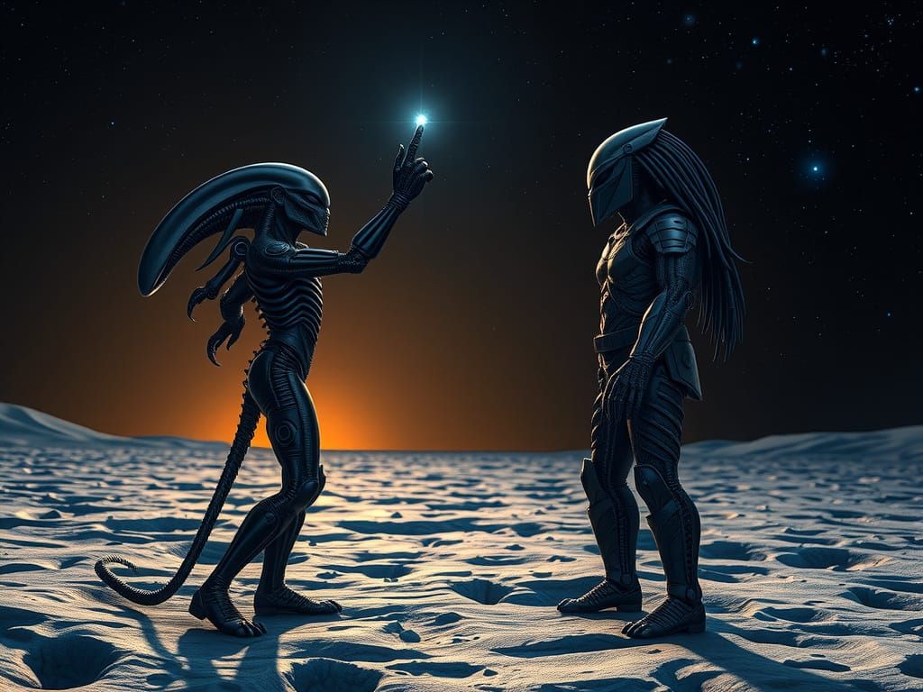 Alien and Predator Stand Together on the Moon, Gazing at a S...