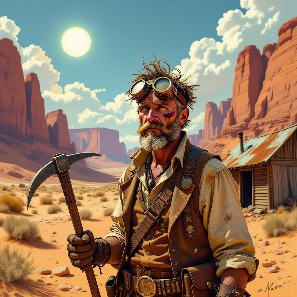 Steampunk Prospector in Desert Landscape