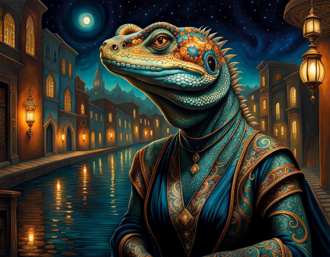 Tattooed Lizard Woman Portrait in Leonardo da Vinci Style