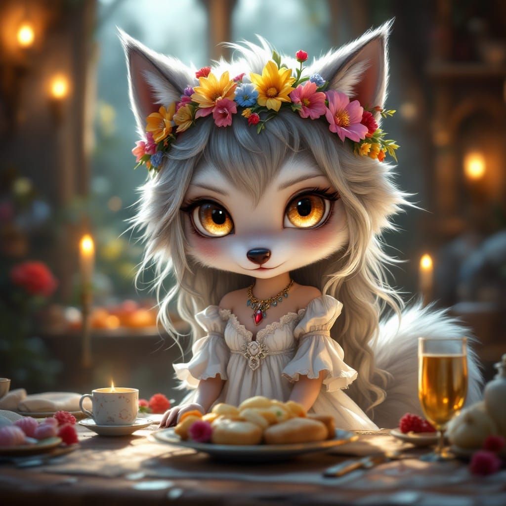 Chibi Werewolf Girl in Wedding Dress, Oil Painting