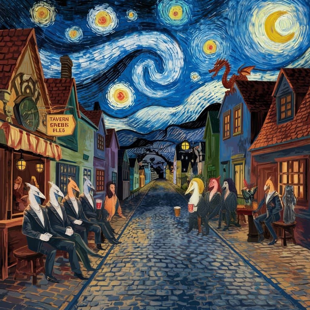 Dragon Over Starry Night Road with Bird-Headed Patrons