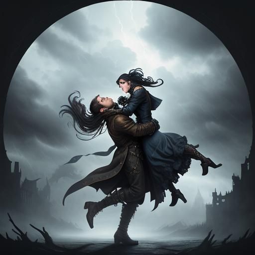 Steampunk Woman Flies Man to Storm Clouds