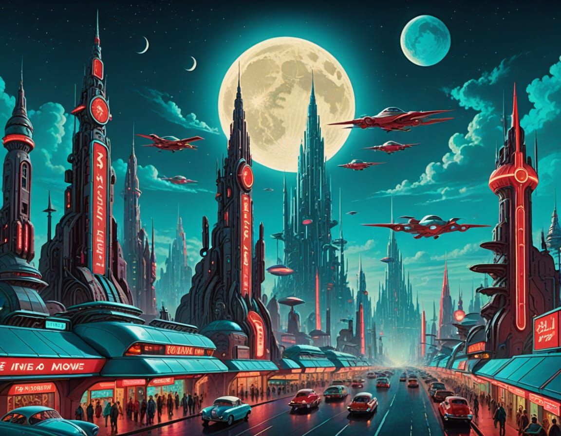 Retro Futuristic Metropolis with Flying Cars and Twin Moons