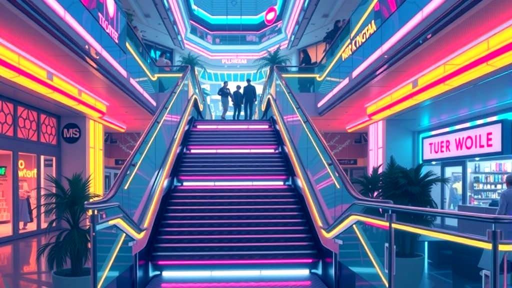 Neon Dreams in Retro-Futuristic Shopping Mall