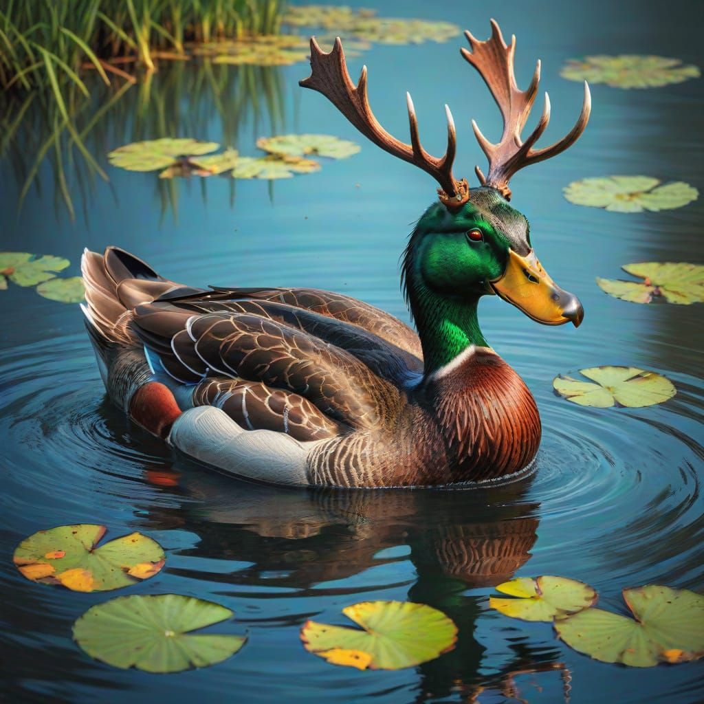 Vibrant Duck with Moose Antlers Swimming on Pond