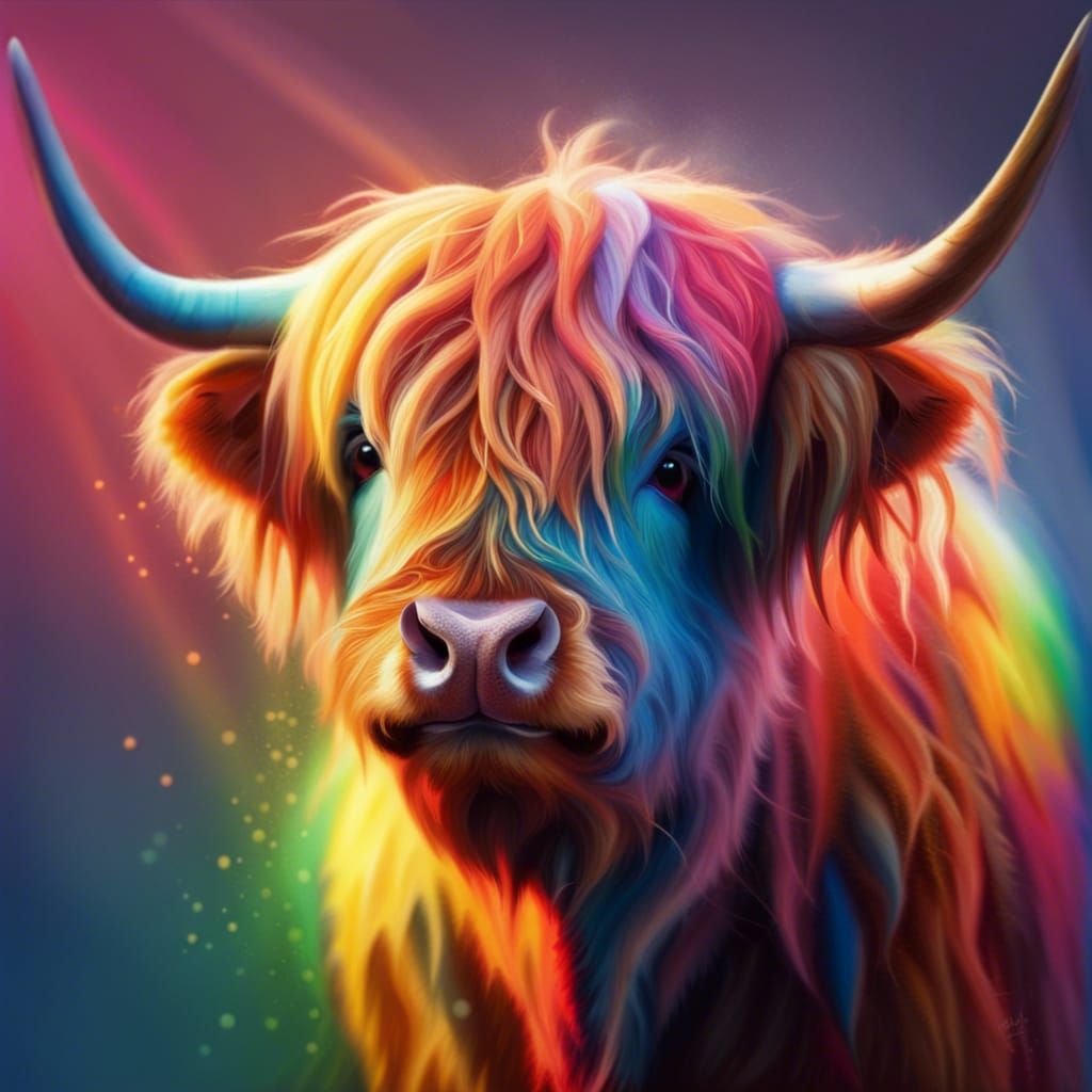 Rainbow Highland Cow: Hyperrealistic Splash Art