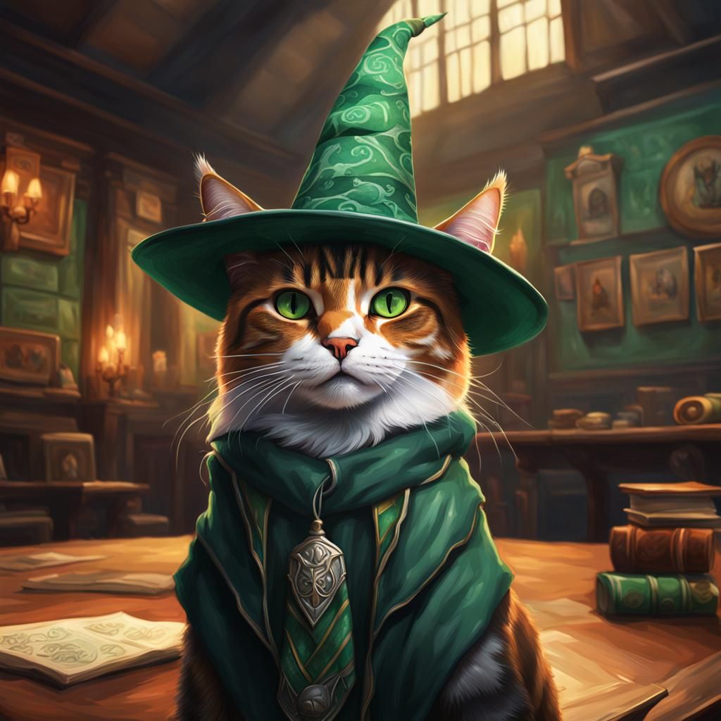 Calico Cat Wizard in Slytherin Common Room