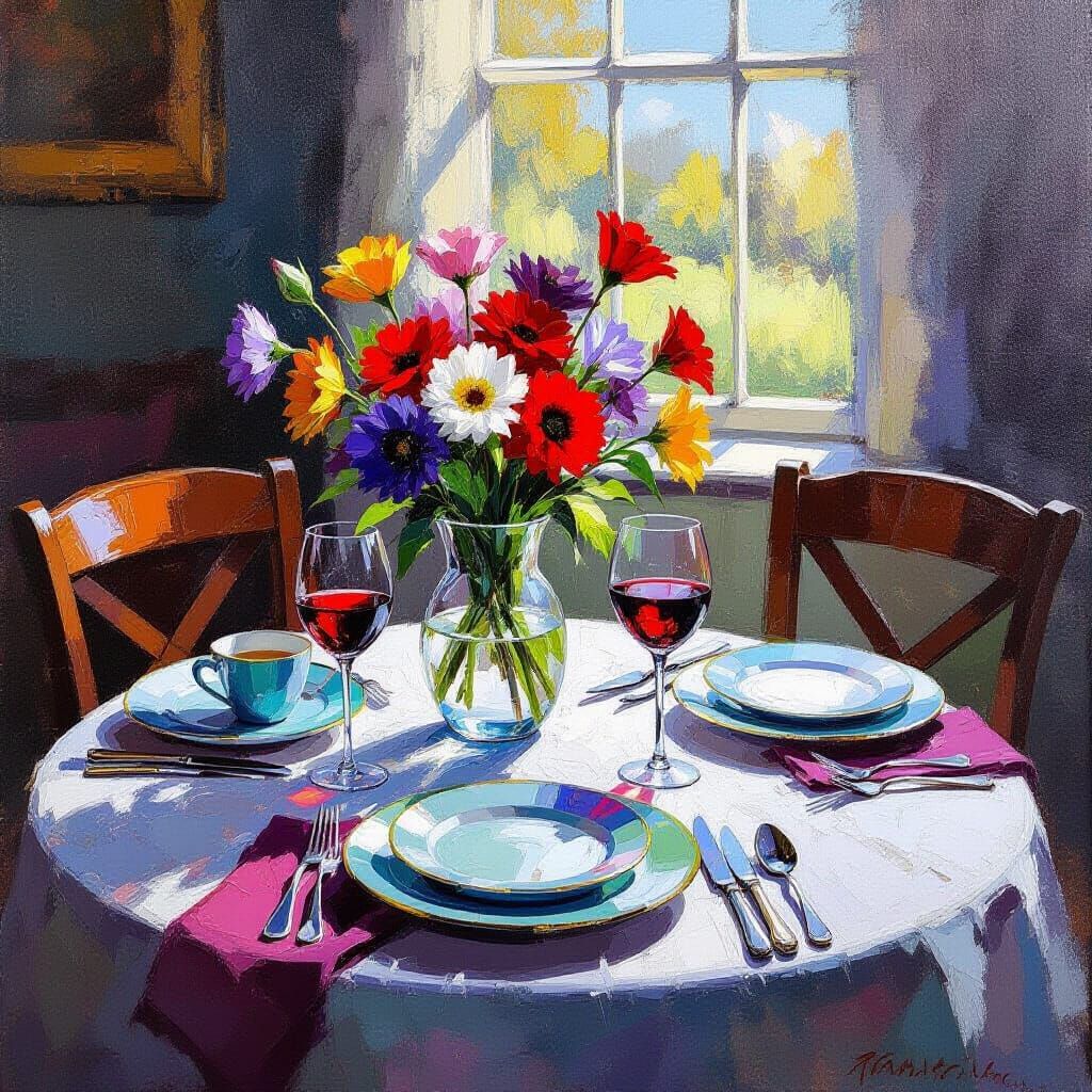 Vibrant Still Life Table in Oil Painting Style