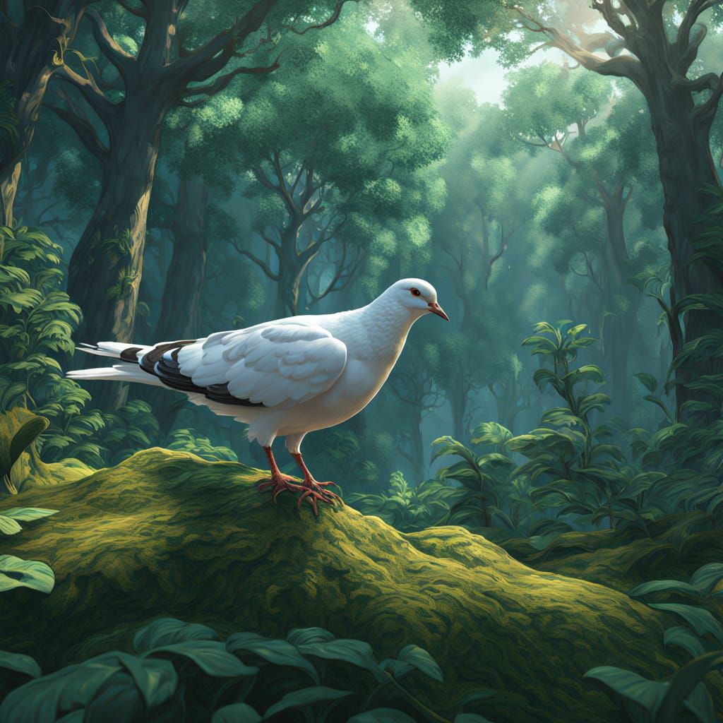 Majestic White Dove in Lush Emerald Grove