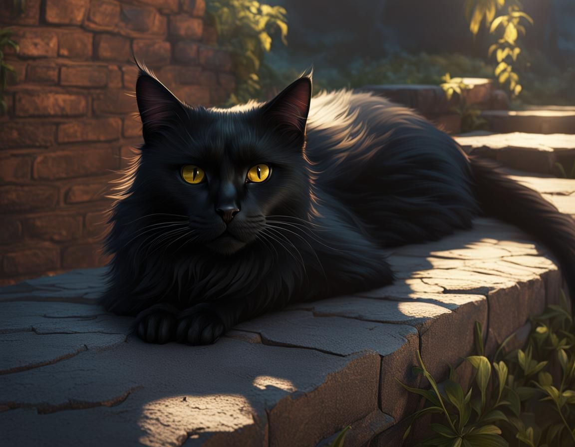 Black Cat Sunbathing: Fantastical Art Painting