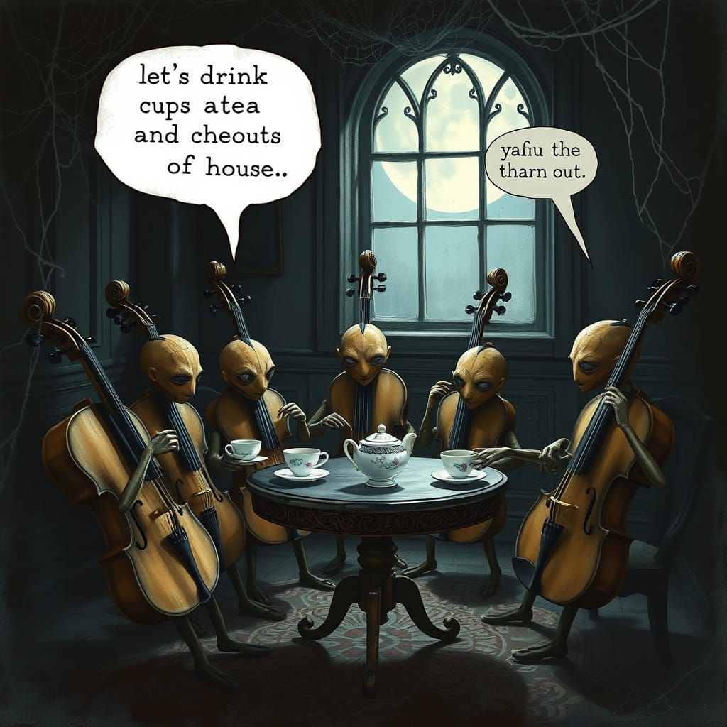 Anthropomorphic Violins Sip Tea in Haunted House