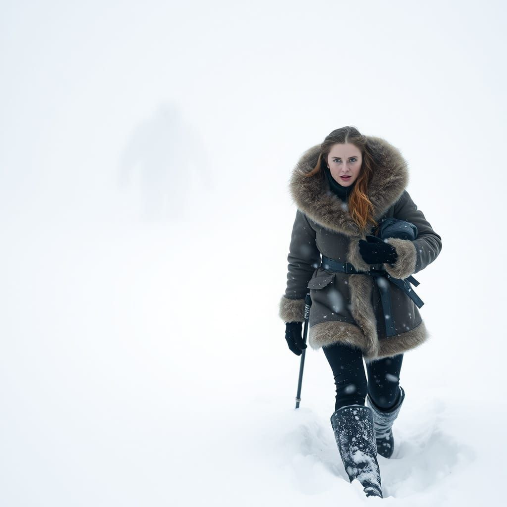Determined Woman Faces the Antarctic Storm