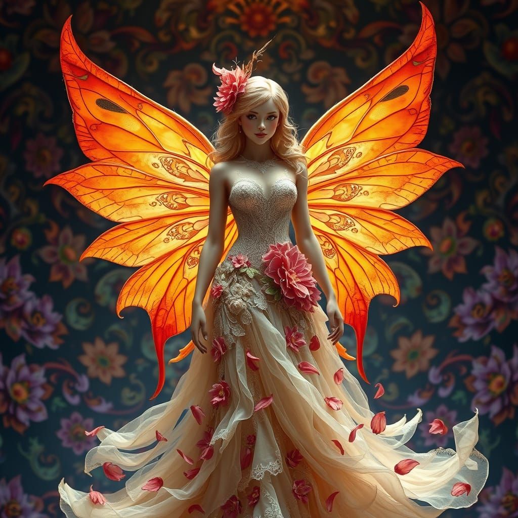 a stunning fairy-like figure with vibrant orange wings and a...