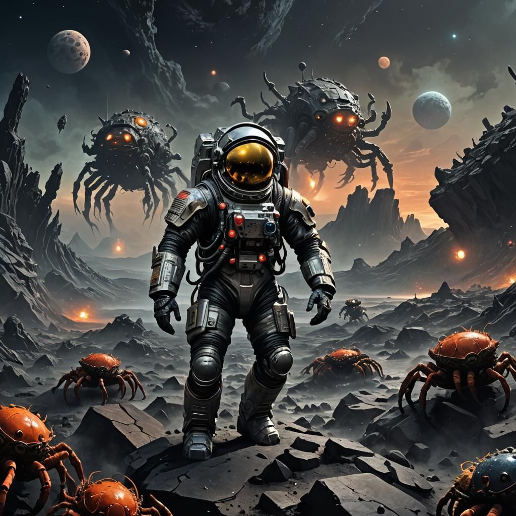 Sci-Fi Horror: Astronaut vs. Crab Monsters in Doré Style