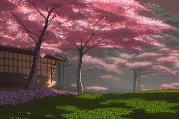 Japanese Architecture with Sakura Trees in Anime Style