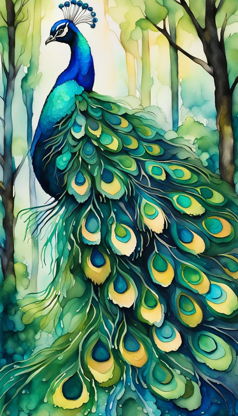 Vibrant Peacock in Lush Forest with Iridescent Plumage