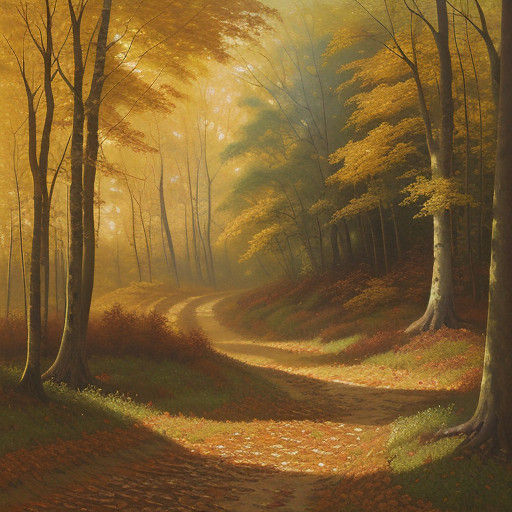 a narrow woodland path blanketed in rust-coloured leaves, meandering through a dense forest. The scene is bathed in gold...