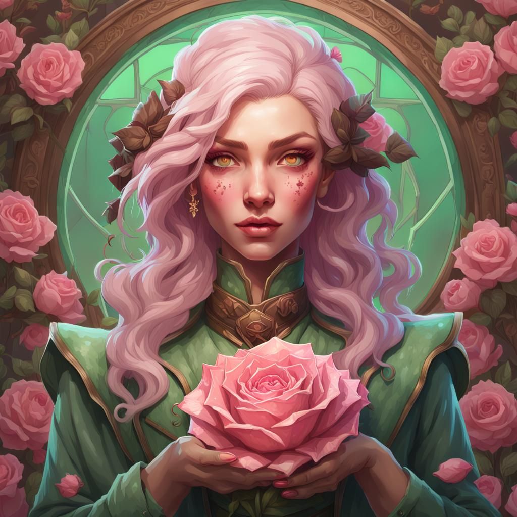 Green-Haired Woman Holding Chocolate Rose, Hyperdetailed Por...