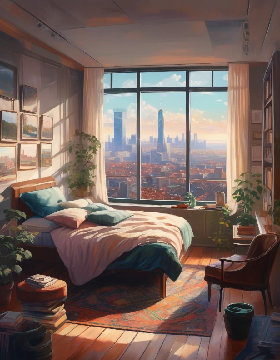 Cozy Bedroom with City View Painting