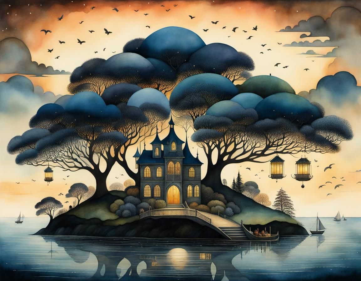 Whimsical Twilight Over Bay Illustration