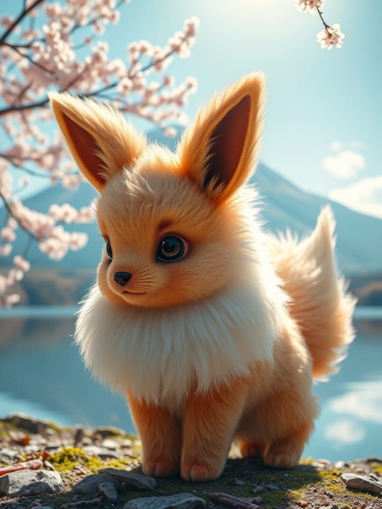 Realistic Eevee in Japanese Landscape with Sakura Blossoms