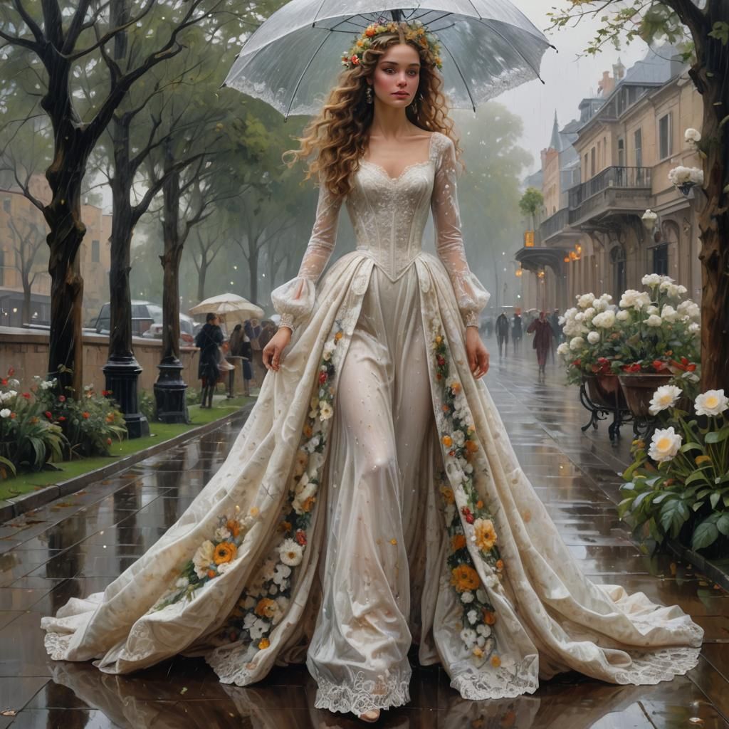 Baroque Lace Gown in the Rain: Oil Painting