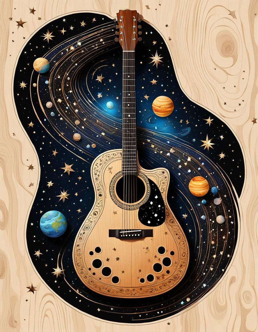 Acoustic Guitar with Cosmic Design Illustration