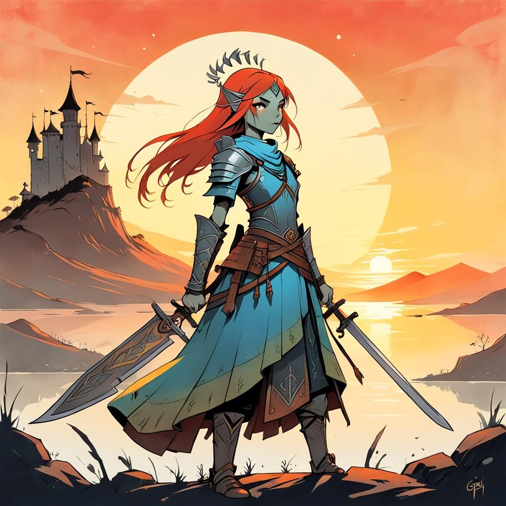 Warrior Princess in Sunset Colors, Minimalist Art