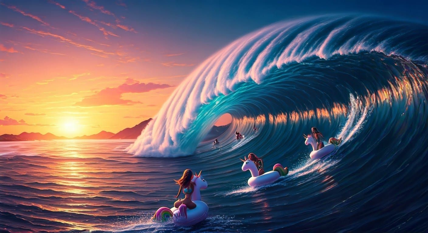 Thrilling Hyperrealistic Scene of Surfing Unicorns on a Trop...