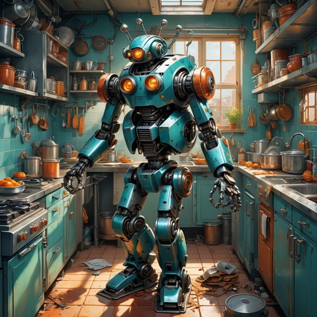 Happy One-Eyed Robot Cleans Kitchen in Matte Painting