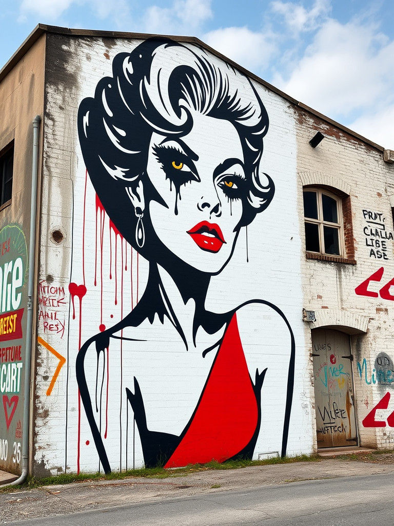 Abstract Lucille Ball Street Art in Black, White, and Red