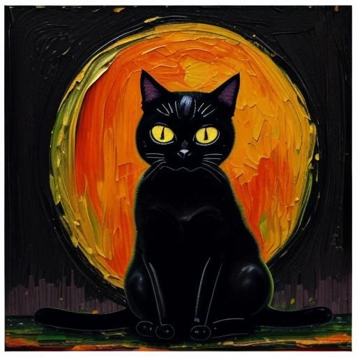 Black Cat and Pumpkin Moon in Expressionist Style