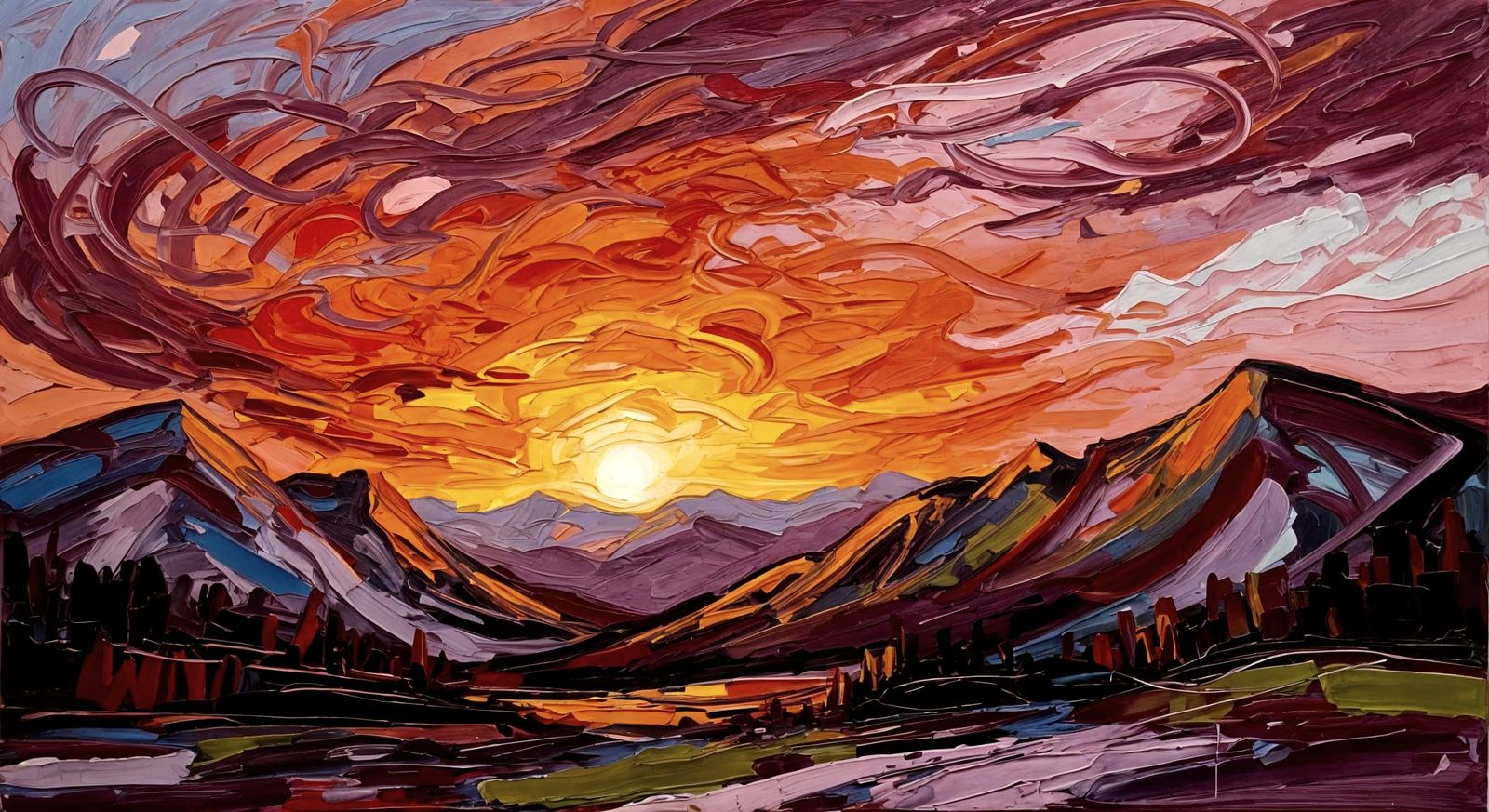 Mountain Sunset Painting in Abstract Expressionist Style