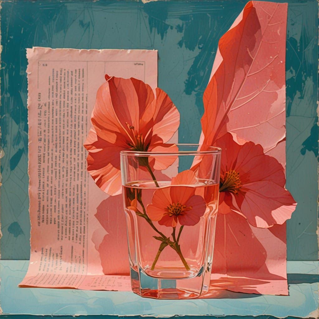 Floral Painting with Etched Glass and Blueprint