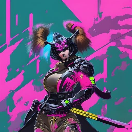 Cyberpunk Shiranui Character with Pink Cat Graffiti Art