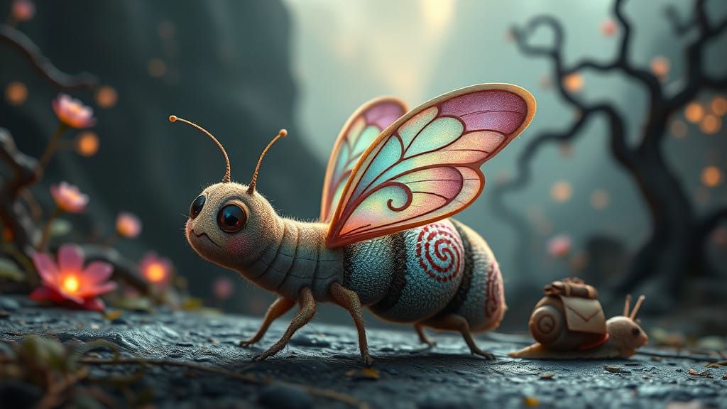 Whimsical Hybrid Caterpillar-Butterfly in Dreamlike Landscap...