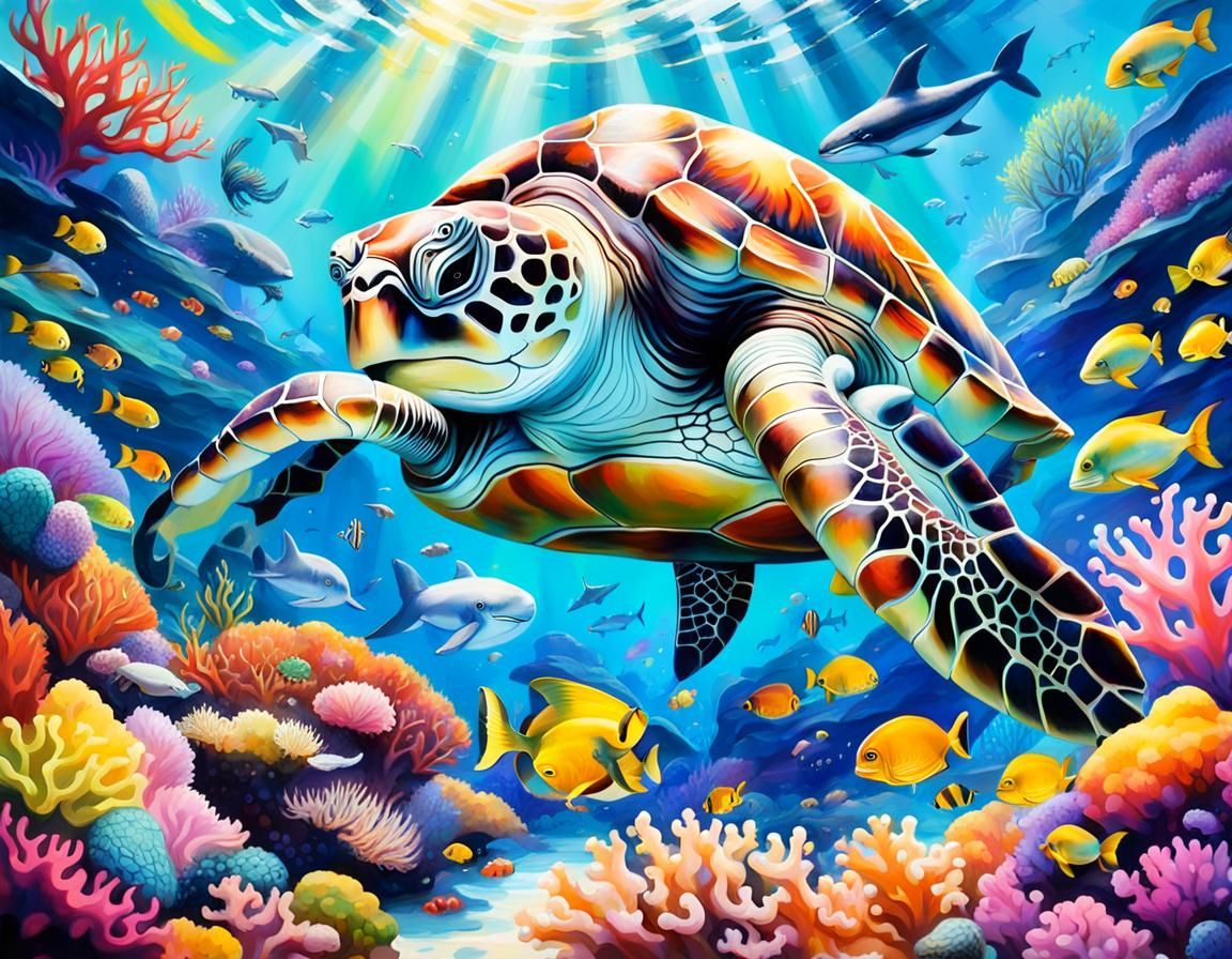 Vibrant Coral Reef Oil Painting with Turtle