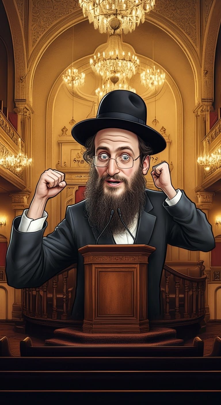 Comical Hasidic Gabbai Silencing Congregation: Digital Illus...