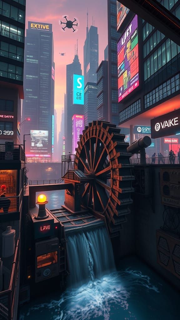 Cyberpunk City with Medieval Waterwheel and Neon Nightscape