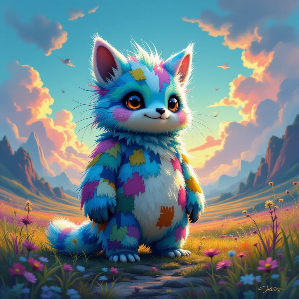 Iridescent Patchwork Creature in Surreal Landscape