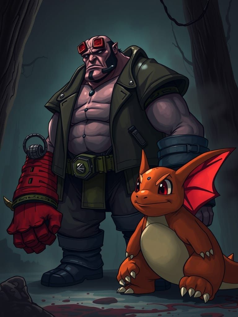 Hellboy and Charmander in Mystical, Eerie Illustration