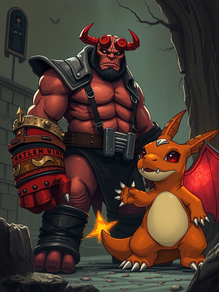 Hellboy and Charmander in Mystical Eerie Scene