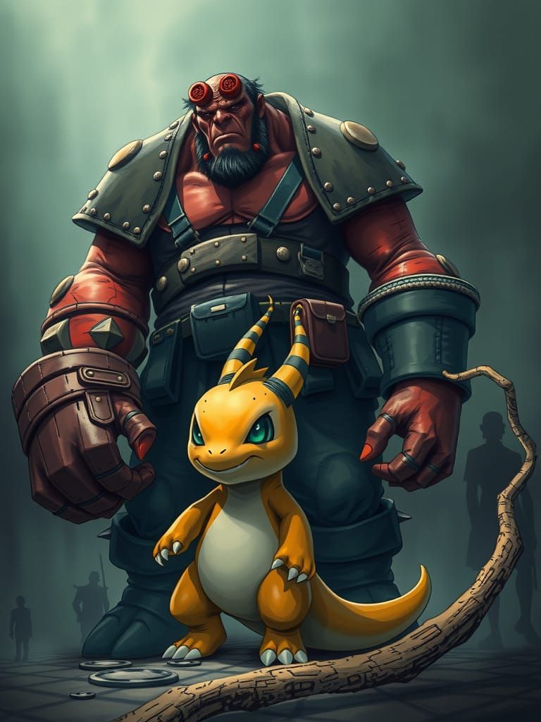 Hellboy and Charmander in Mystical, Eerie Style