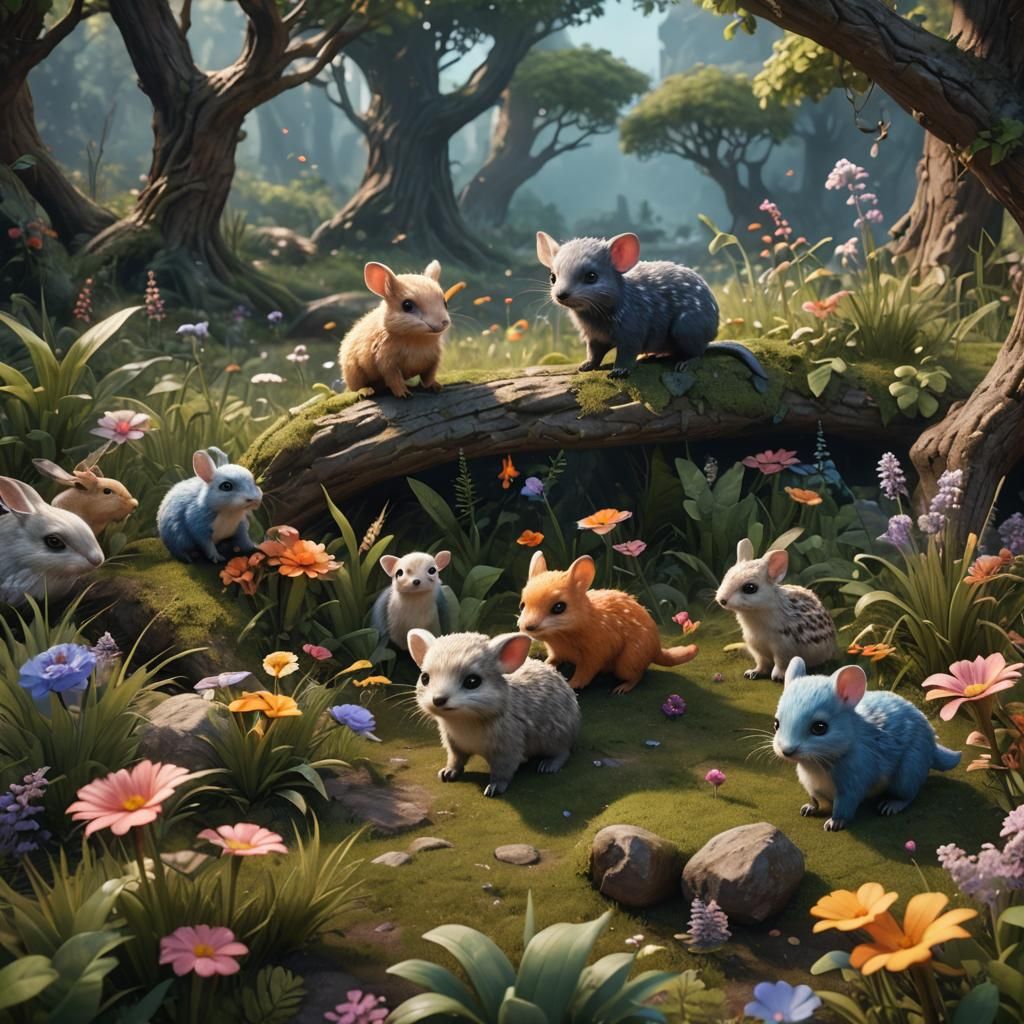 Cute Animals Play in Detailed Fantasy Landscape