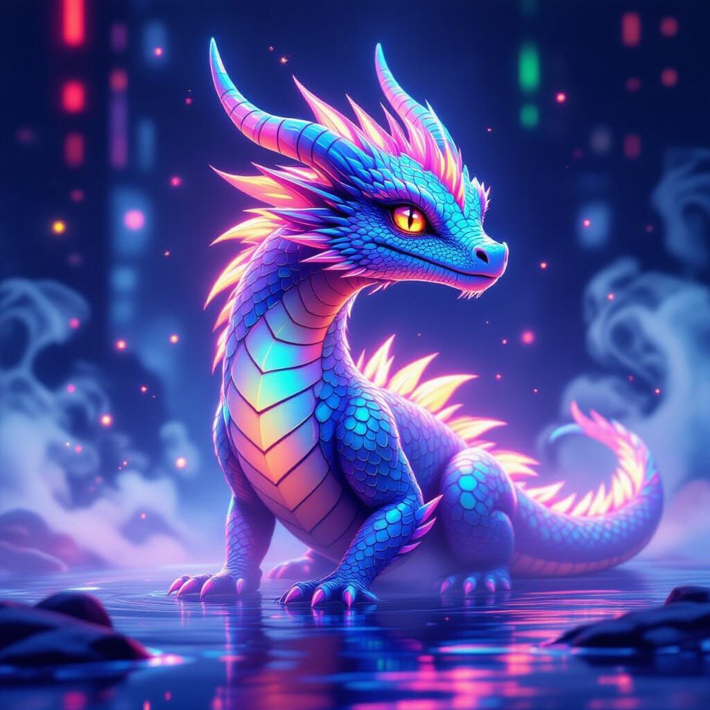 Iridescent Neon Dragon in Cyberpunk Style